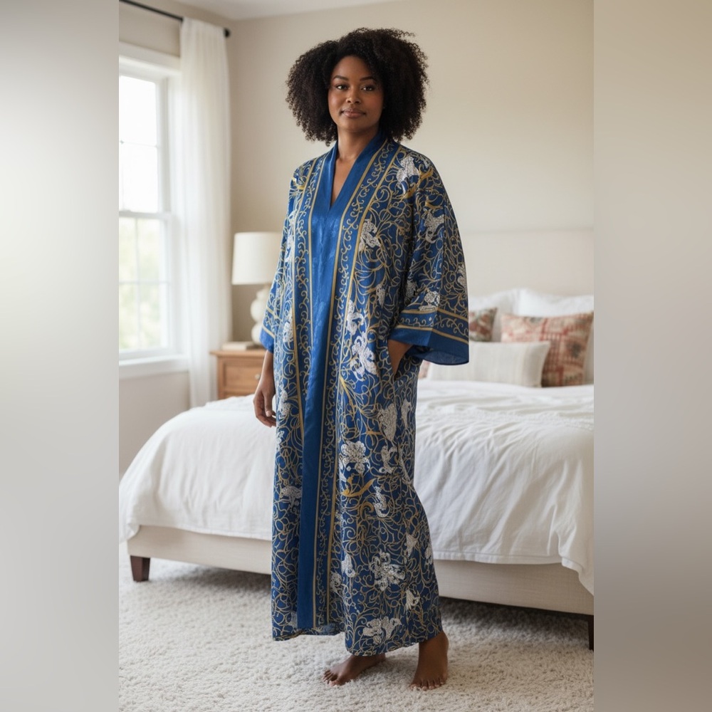 Vintage Charles Keath Kimono Caftan Size M Zip Front Floral Maxi Dress Robe